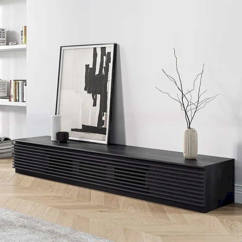 Minimalistischer TV-Ständer mit Schubladen, Massivholz-Medienkonsole mit Schränken, Klapptür, Nussbaumfurnier, fertig montiert