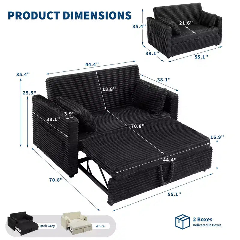 55 Convertible Schlafsofa mit ausziehbarer Fußstütze & verstellbarer Rückenlehne, platzsparendes Sofa für kleine Wohnungen