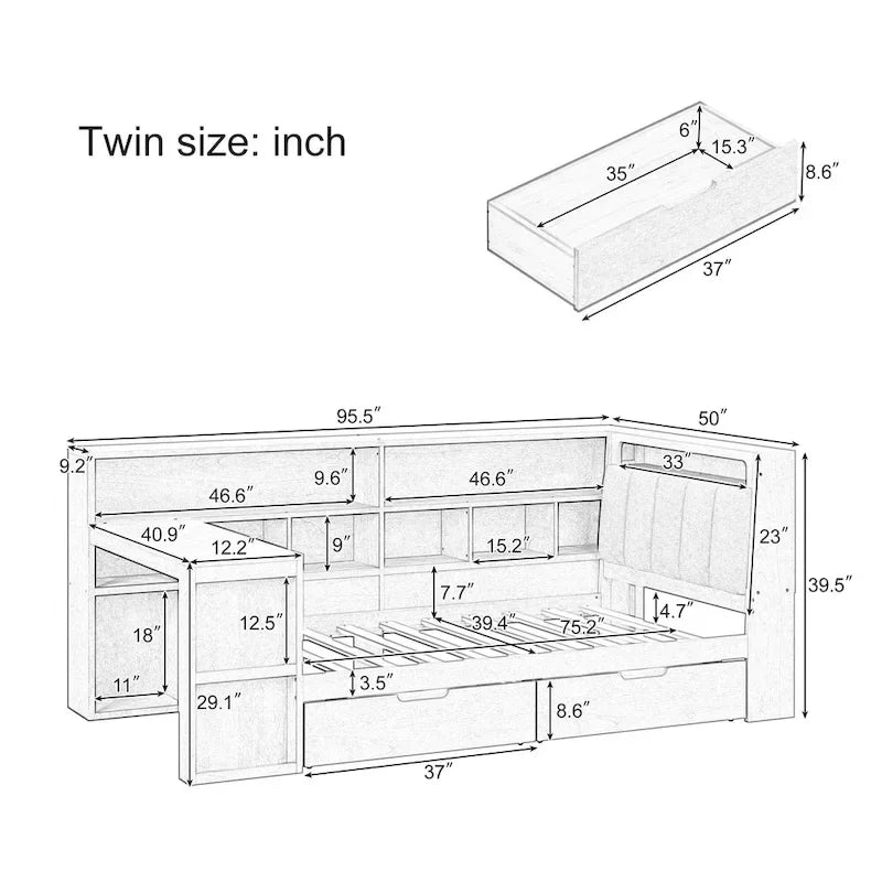 L-förmiges Holzsofa-Tagesbett mit Schreibtisch, Bücherregal, Eckbett mit Schubladen unter dem Bett, gepolstertem Kopfteil und integrierter Beleuchtung