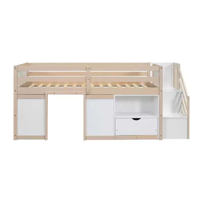Okak Massivholz-Hochbett mit Treppe & Stauraum, Niedriges Etagenbett mit Schubladen & Regalen, Multifunktionales Hochbett für Kinder, Jugendliche