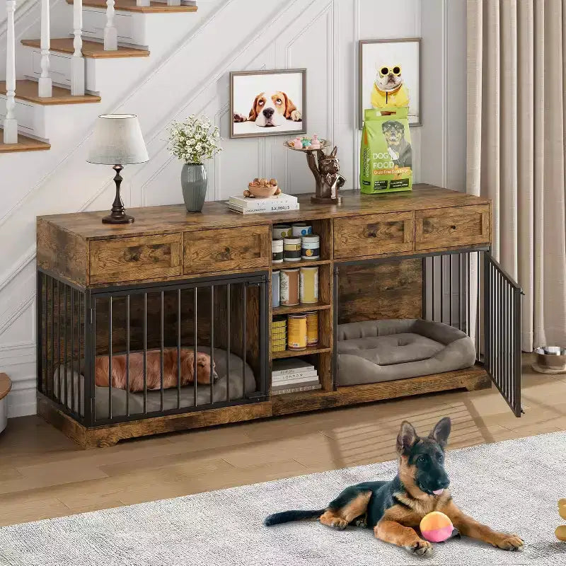 82" Doppel-Hundebox Möbel, großer Hundezwinger für 2 Hunde, robuster TV-Ständer aus Holz mit 4 Schubladen und Regalen