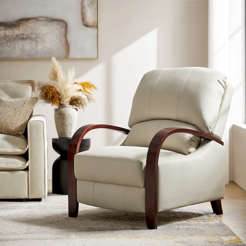 Alex Mid-Century Modern Zigarren-Sessel aus echtem Leder mit manueller Relaxfunktion und geschwungenen Holzarmlehnen