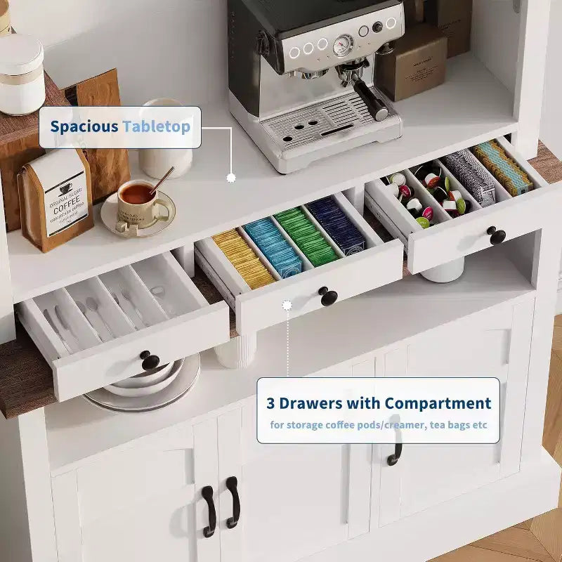 72" Hoher Bauernhaus-Kaffeebar-Schrank mit LED-Beleuchtung, Küchenbuffet mit Türen und Schublade, verstellbaren Einlegeböden, geräumiger Stauraum