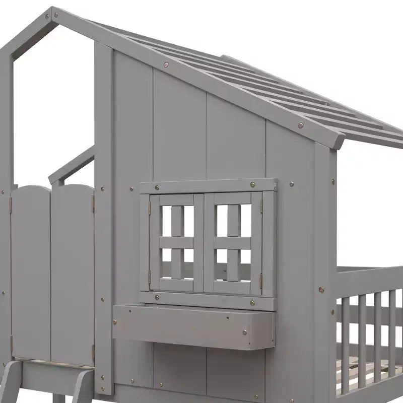Doppel-Loftbett in Hausform, Holzspielhaus-Loftbett mit Leiter und Schutzgittern für Kinder