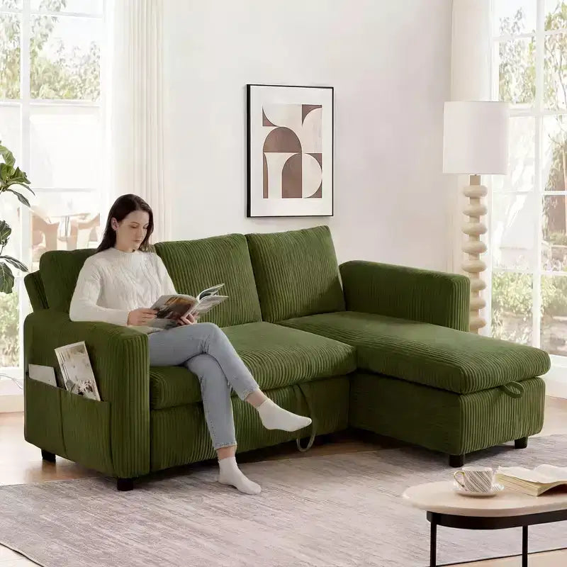 Dyonery 2-in-1 Schlafsofa ausziehbar mit Stauraum-Recamiere, Cord-Ecksofa mit USB-Anschlüssen für das Wohnzimmer