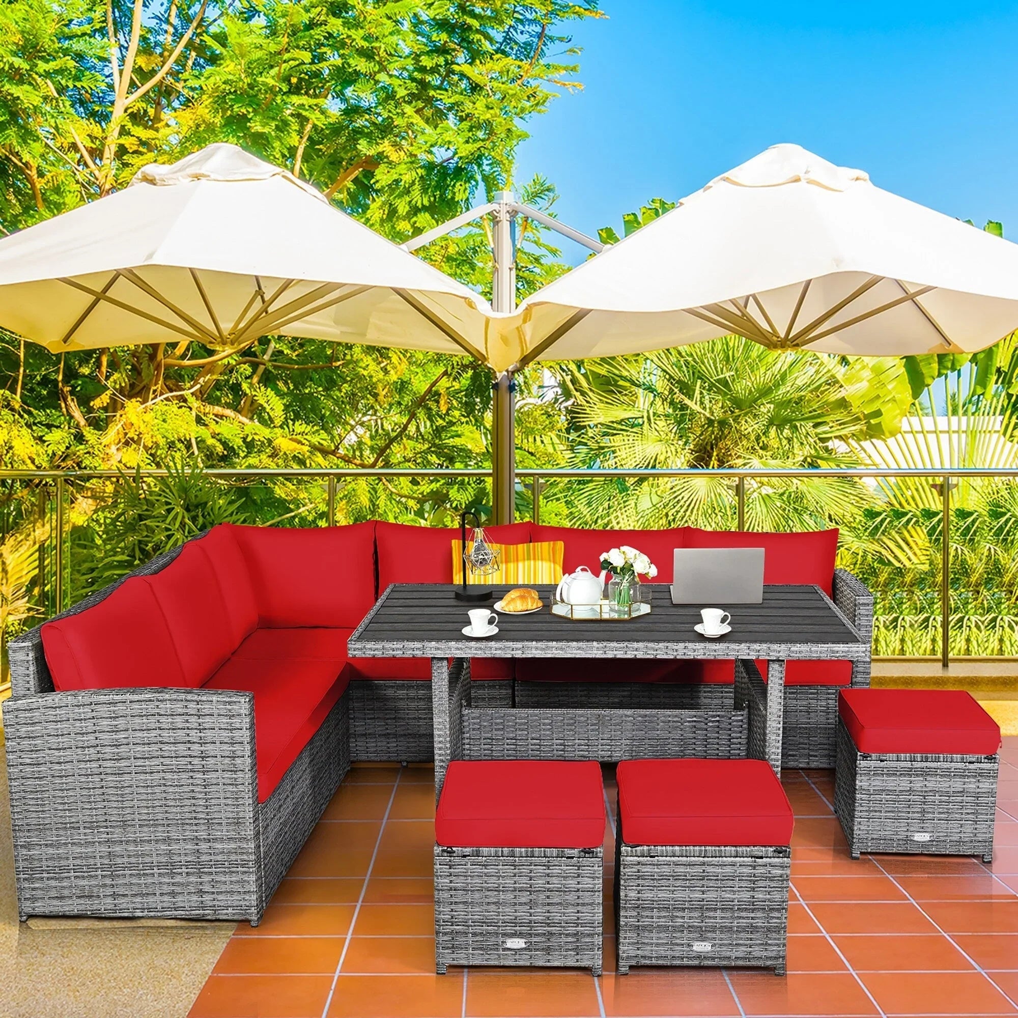 Costway 7-teiliges Terrassen-Essgruppe Rattan-Sofa Couch Ottomane – Details ansehen