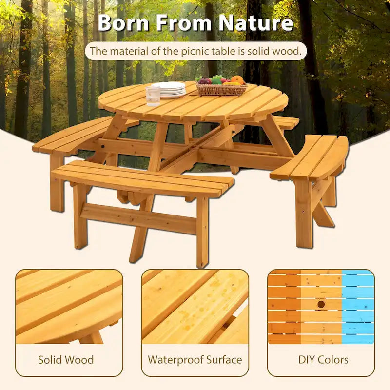 8-Personen Outdoor-Picknick-Esstisch-Garnitur aus Tannenholz, rund, mit 4 integrierten Bänken und Sonnenschirmloch
