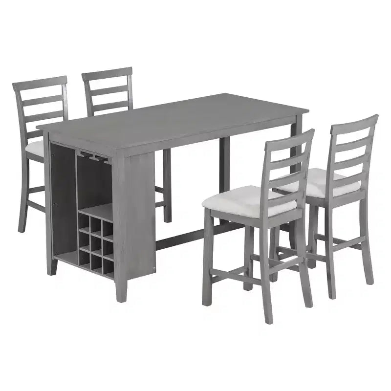 Landhaus Esstischgruppe, 5-teilig, Tresenhöhe, mit 4 Stühlen, rechteckiger Holztisch mit Ablagefächern und Barfach/Weinregal