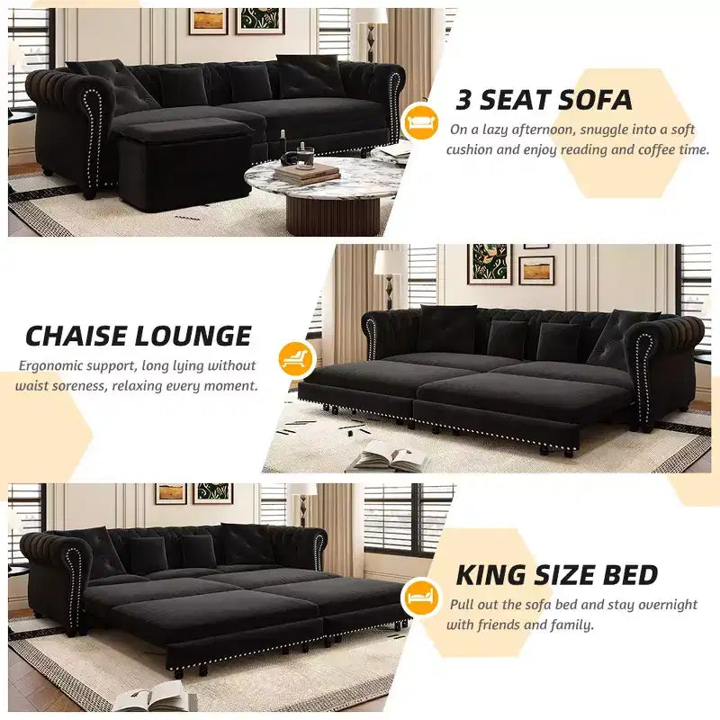 Whisen Velvet 3-in-1 Schlafsofa und wandelbares Schlafsofa im Kingsize-Format mit ausziehbarem Ottomane, getuftetem Design