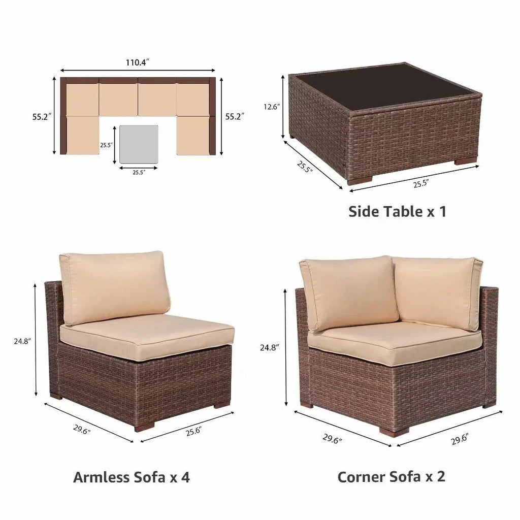 7-teiliges Outdoor-Sofa-Set aus Korbweide/Stahl mit Polstern