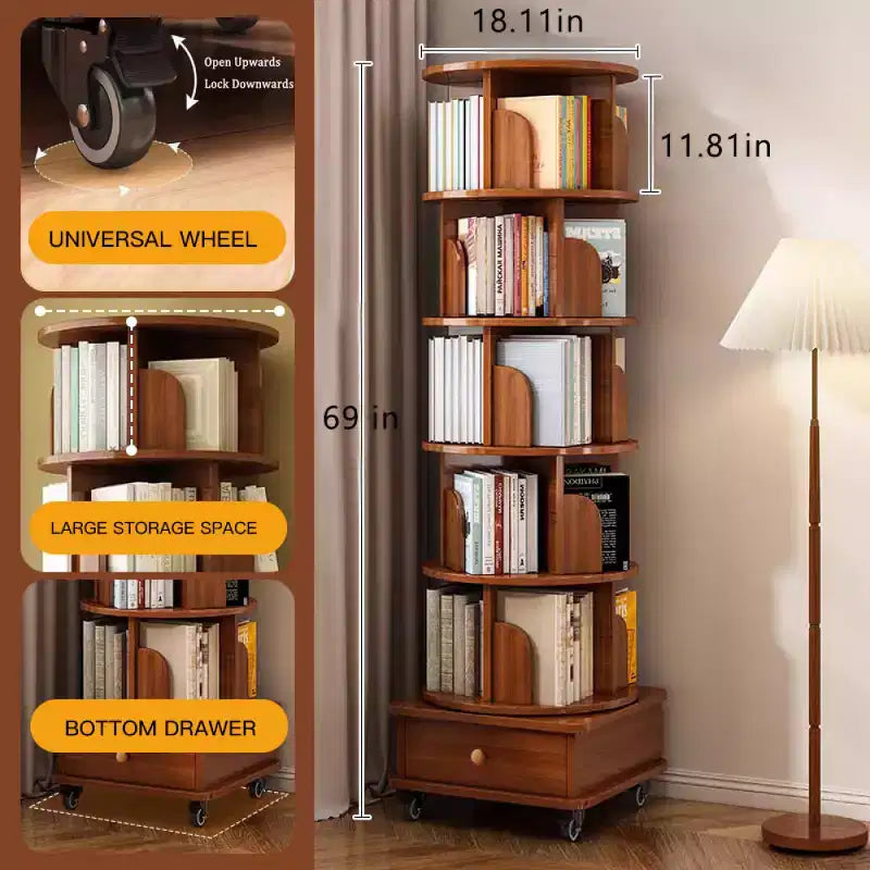 Chic Crate 6-stöckiges, um 360° drehbares Eckregal mit Rollen, schmales Bücherregal für kleine Räume, Nussbaumbraun