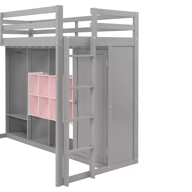 Hochbett für Kinder mit Kleiderschrank und Regalen, Holz-Hochbettgestell mit Aufbewahrungsschrank für Kinder und Jugendliche
