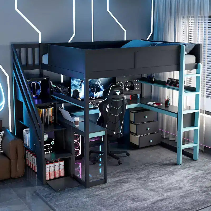 GDFStudio Scott hölzernes Gaming-Hochbett mit Stauraumtreppe, Schreibtisch, Regalen und Lochwand