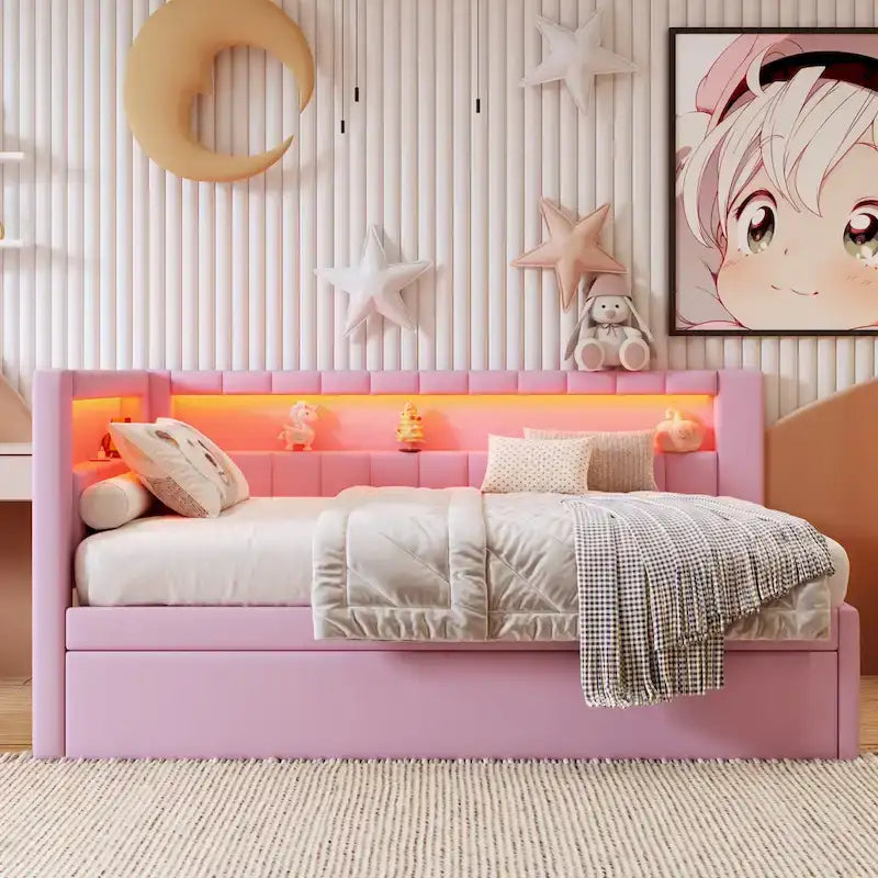 Gepolstertes Plattformbett mit USB-Anschlüssen & LED-Beleuchtung – Einzel-/Doppelbettgestell mit 2 Schubladen – Modernes Schlafzimmer