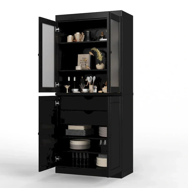 Vollholz-Vorratschrank mit Milchglastüren, Holztüren, 2 Schubladen und verstellbaren Einlegeböden