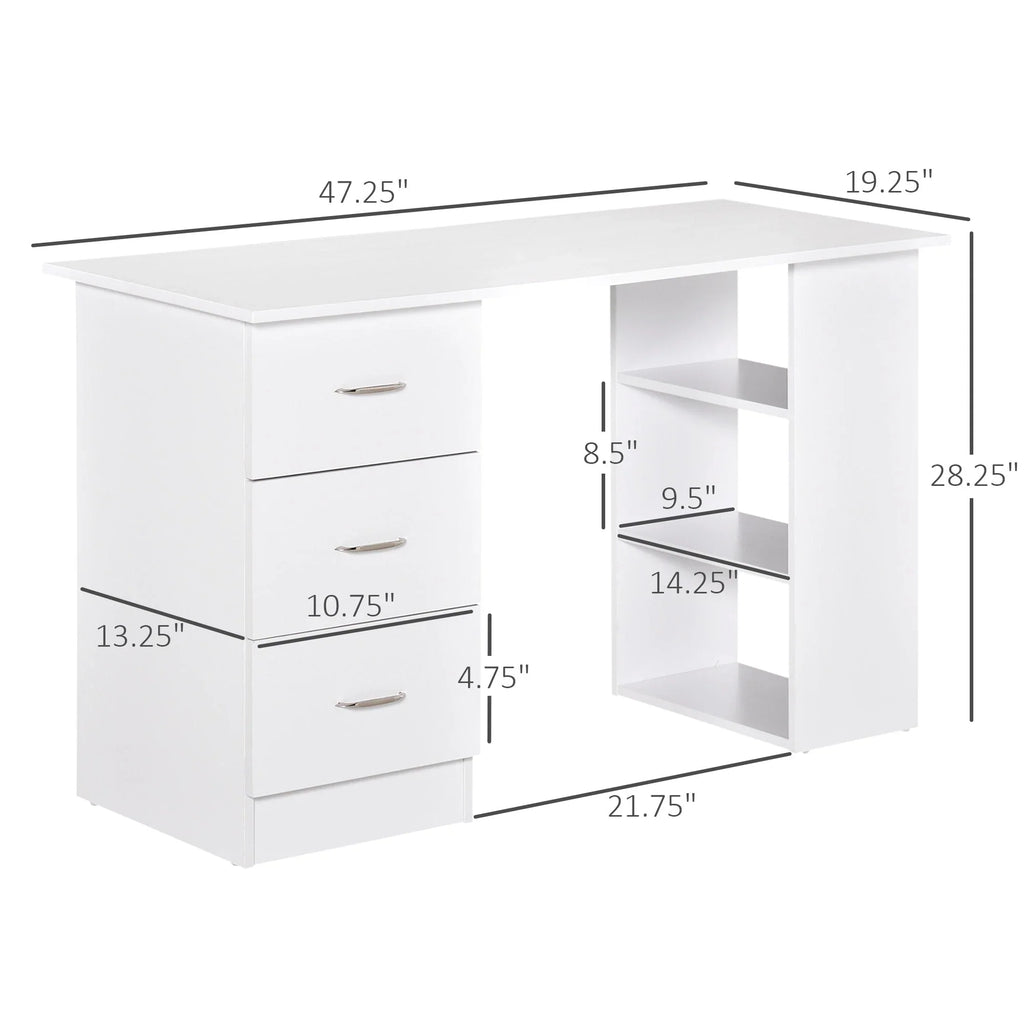 HOMCOM 47 Moderner Home-Office Computertisch Regal Kombination Schreibtisch Arbeitstisch mit 3 Schubladen und Ablagefach - Weiß