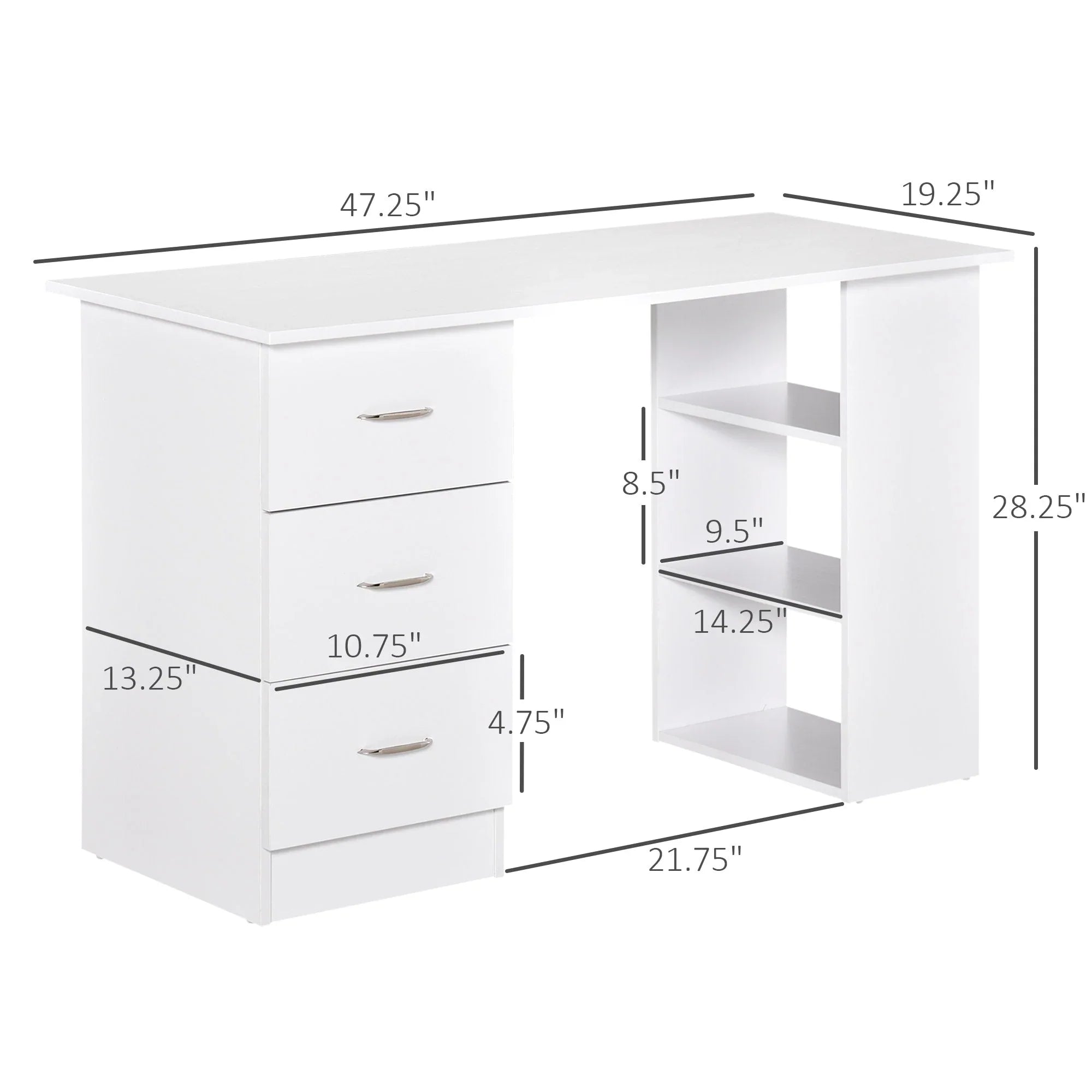 HOMCOM 47 Moderner Home-Office Computertisch Regal Kombination Schreibtisch Arbeitstisch mit 3 Schubladen und Ablagefach - Weiß