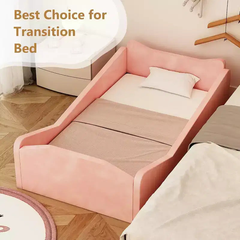 JOYMOR Kleinkindbett, Bodenbett mit Sicherheitsgeländer, Montessori-Kleinkindbett mit Tierohren, Pink