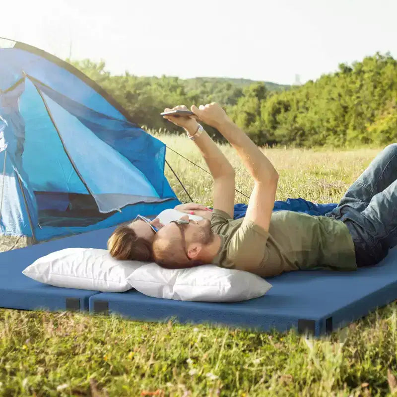 Costway Memory Foam Campingmatratze mit rutschfester Unterseite, Reisetasche für Outdoor-Schlaf Grau/Blau