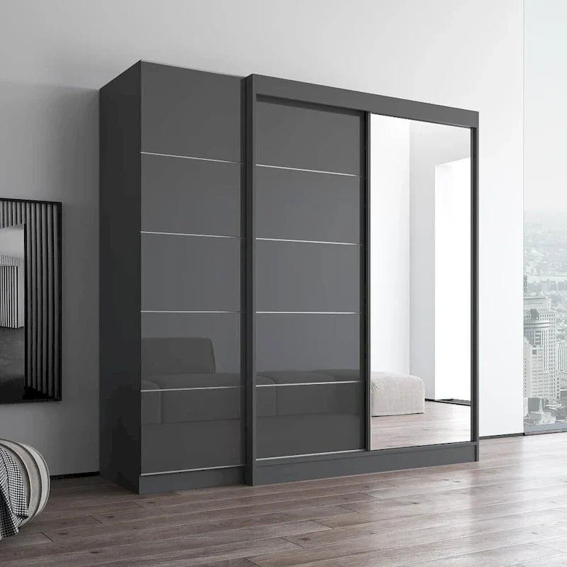 2-türiger Kleiderschrank mit Spiegel, Glasfront, 2-Personen (Grau / Schwarz / Weiß)