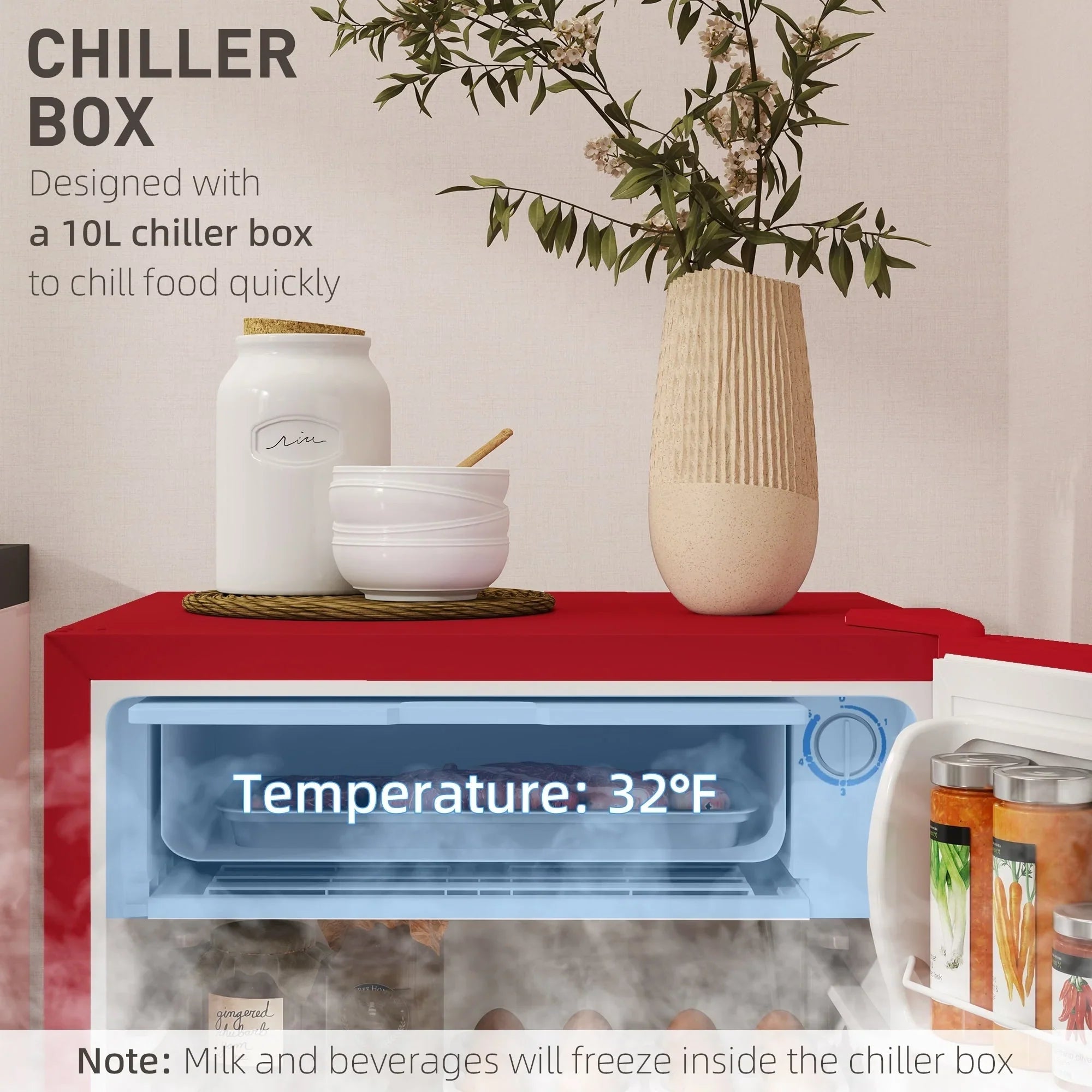 HOMCOM 90L Mini-Kühlschrank mit Gefrierfach, Kompakter Kühlschrank mit einer Tür und einstellbarem Thermostat für Schlafzimmer