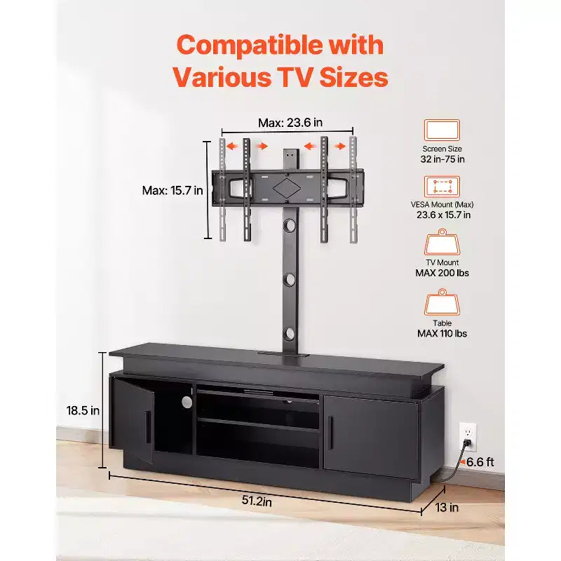 VEVOR 52 TV-Ständer mit Halterung für Fernseher bis 75 Zoll, Entertainment-Center mit Steckdose, höhenverstellbar, Schwarz