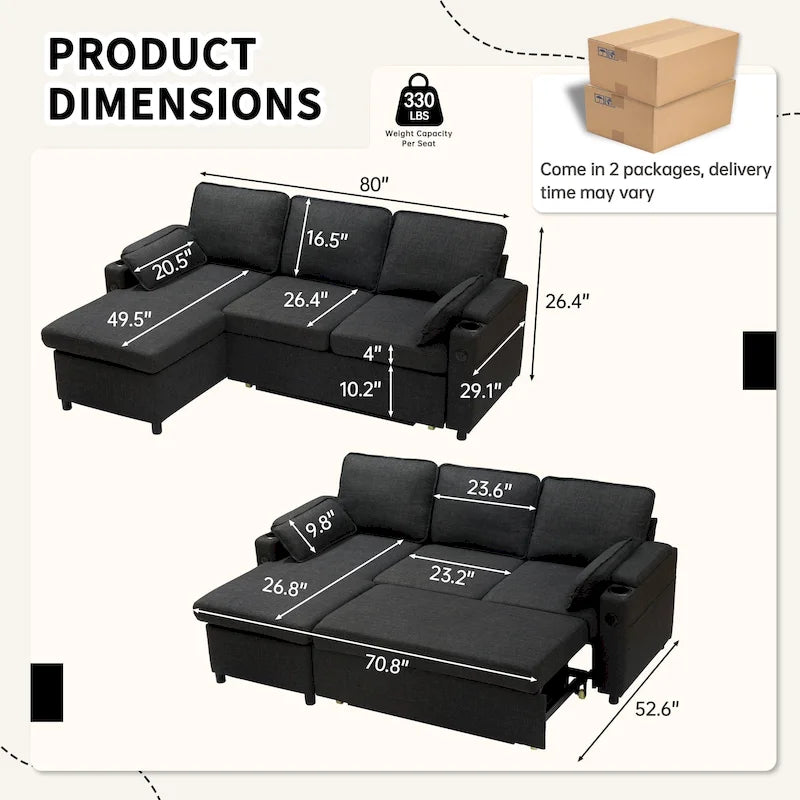 80 L-förmiges Schlafsofa, Sofabett mit Ausziehbett, umwandelbares Schlafsofa