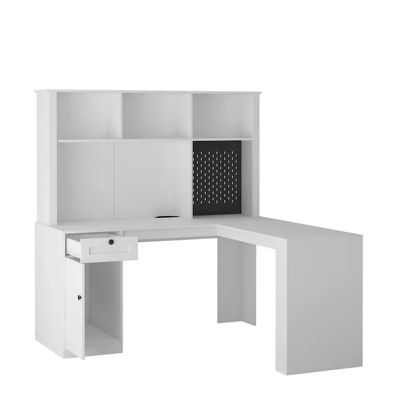L-förmiger Schreibtisch mit Steckdose, Computertisch mit Schubladen, Regal & Aufsatz, Moderner Eckschreibtisch, Home-Office-Schreibtisch