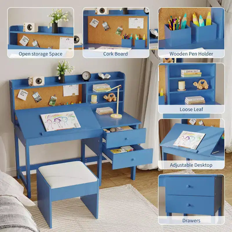 Kinder Schreibtisch und Stuhl Set, Holz Lerntisch mit verstellbarer Neigungsplatte, Schubladen & Korktafel - Schul-Lernschreibtisch Set für Kinder