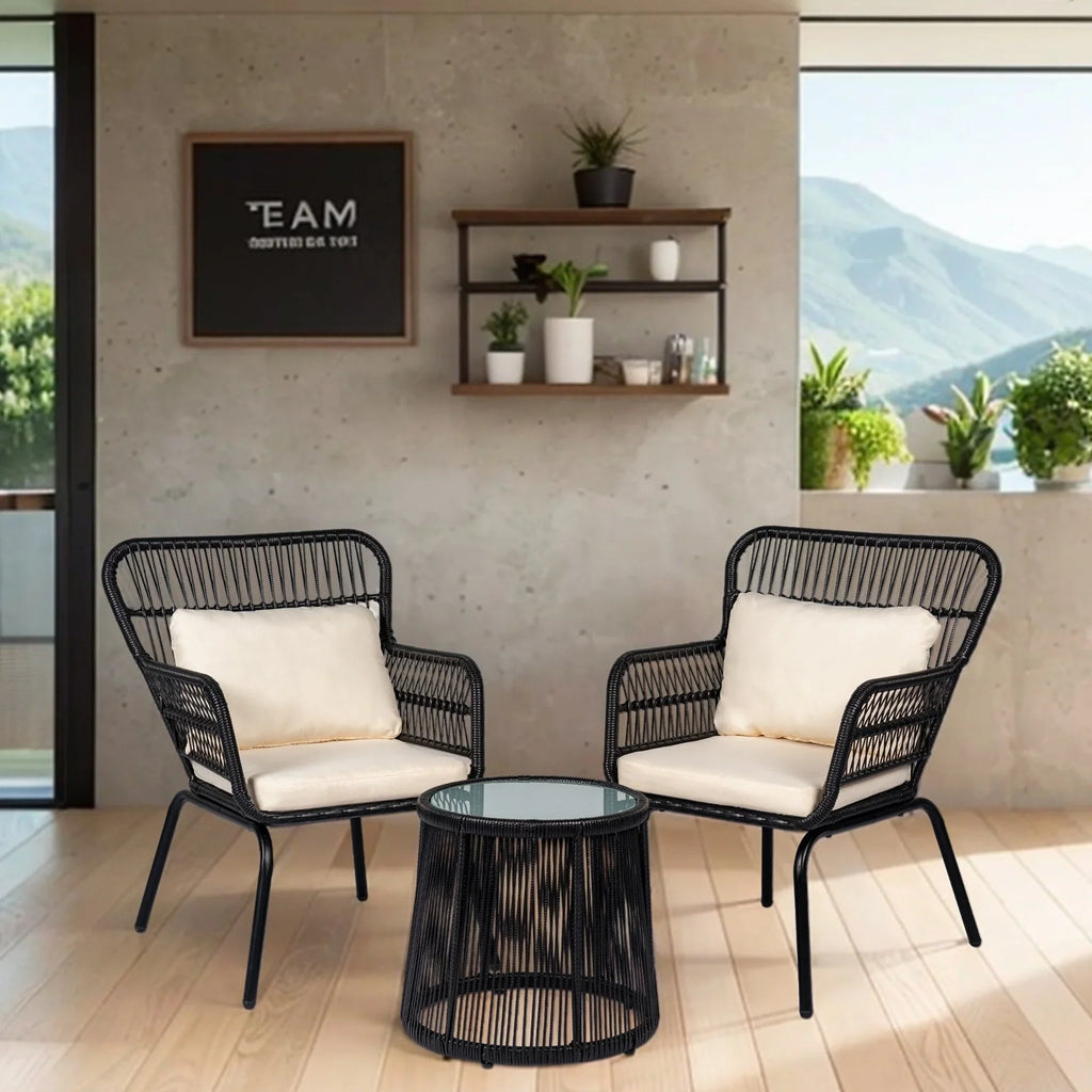 3-teiliges Outdoor-Bistro-Set aus Korbstühlen, witterungsbeständige Rattanmöbel-Sitzgruppe mit Kissen