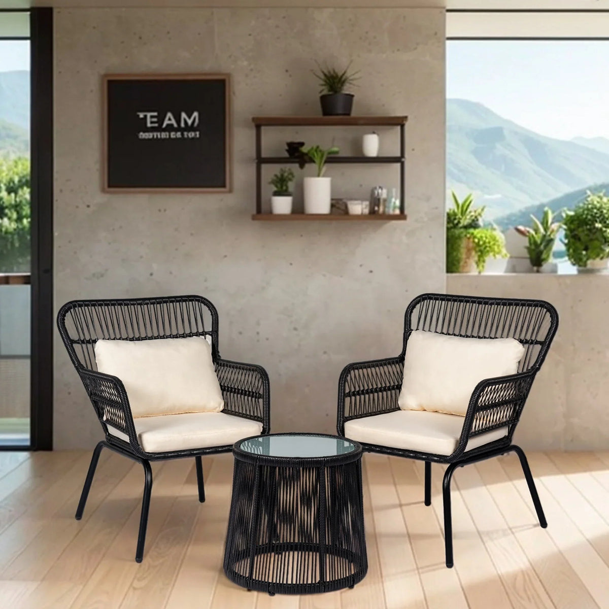3-teiliges Outdoor-Bistro-Set aus Korbstühlen, witterungsbeständige Rattanmöbel-Sitzgruppe mit Kissen