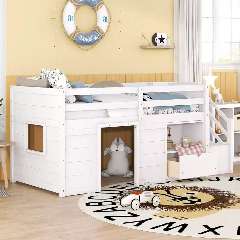 Okak Massivholz-Hochbett mit Treppe & Stauraum, Niedriges Etagenbett mit Schubladen & Regalen, Multifunktionales Hochbett für Kinder, Jugendliche