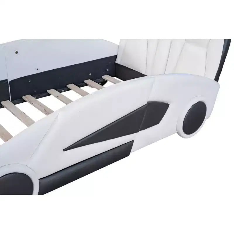 Whisen Wood Plattformbett in Rennwagen-Form, Twin-Größe, mit LED-Beleuchtung und gepolsterter Rückenlehne