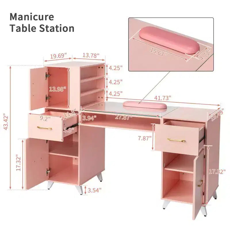 Schwarz/Pink Moderner Maniküre-Nageltisch mit Glasplatte & Handauflage, Einzelplatz
