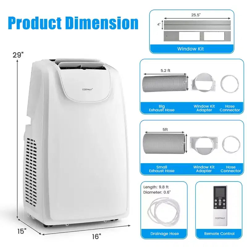 Costway 8000 BTU (11.500 BTU ASHRAE) Dual-Schlauch Tragbare Klimaanlage 3-in-1 Klimagerät mit Fernbedienung