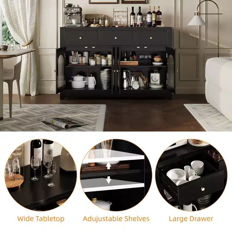 55 Zoll großer Vorratsschrank, schmales Buffet-Sideboard mit 3 Schubladen und 4 Türen für Küche, Esszimmer, Wohnzimmer