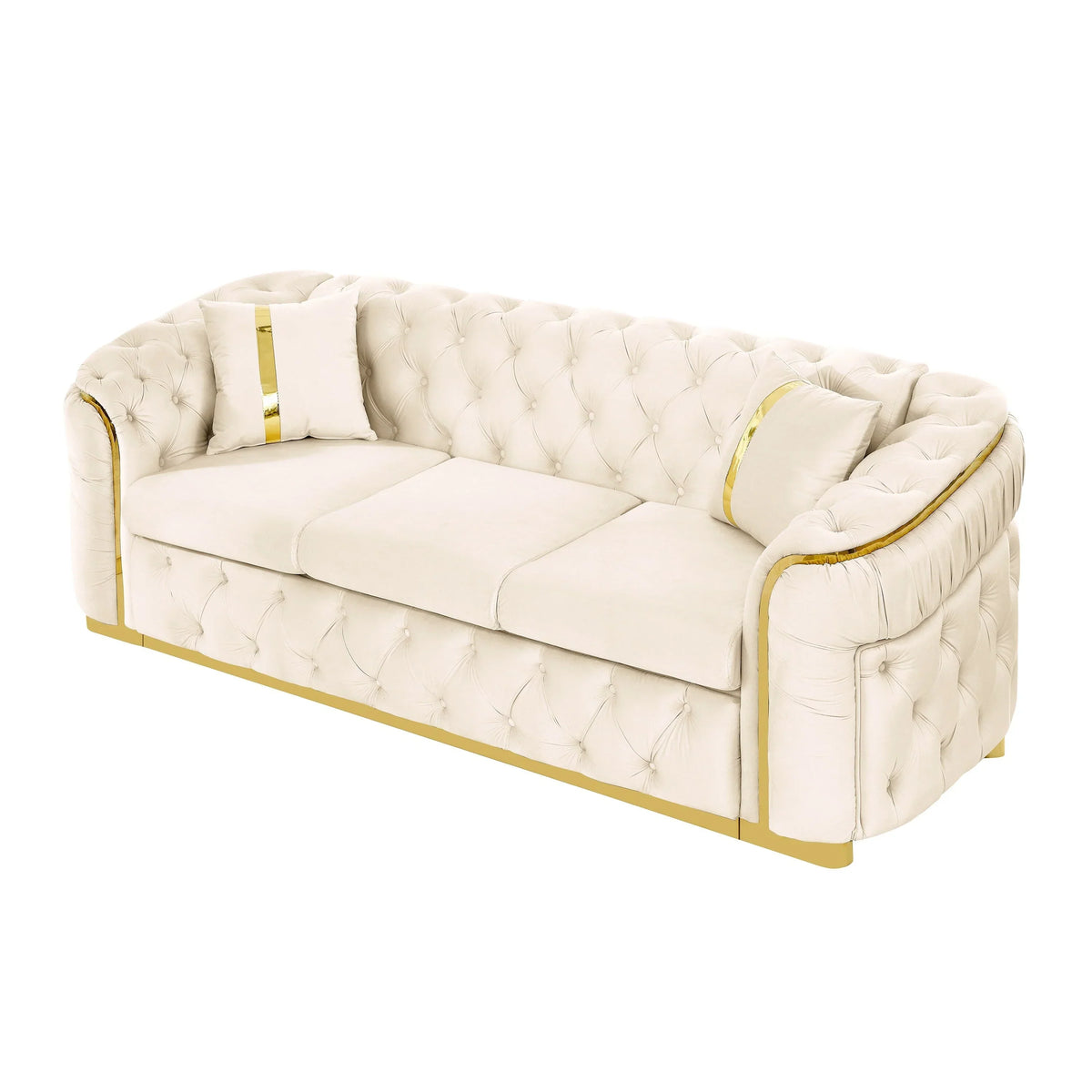 90.6 Samt-Dreisitzer-Sofa mit 2 Kissen, hochdichten Polstern, goldenen Akzenten und Kissen