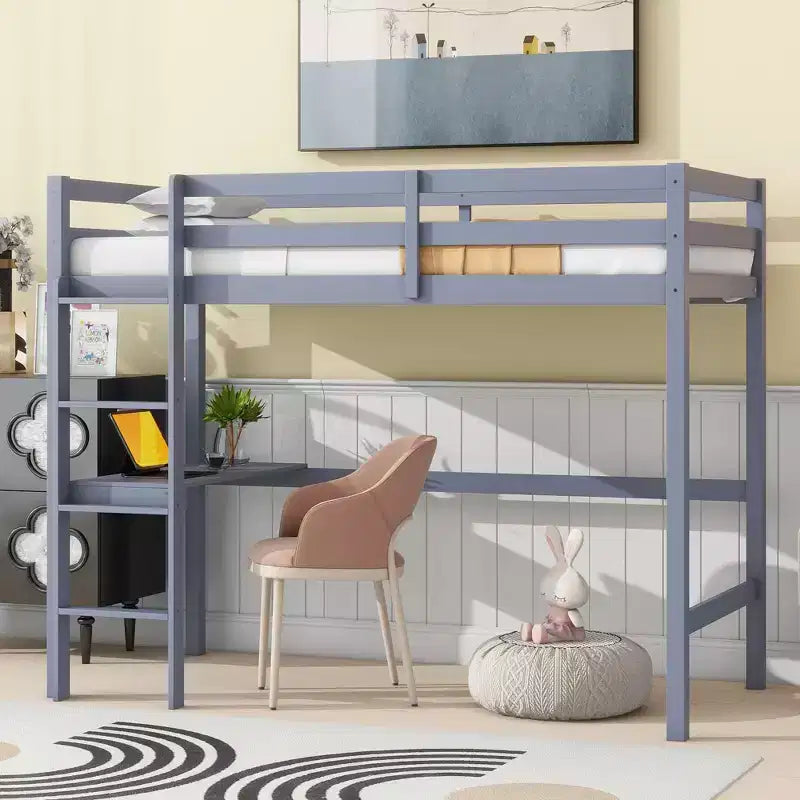 Okak Minimalism Hochbett mit Leiter, Hochbett aus Kautschukholz mit Sicherheitsgeländer und integriertem Schreibtisch, Bettrahmen für Kinder, Jugendliche
