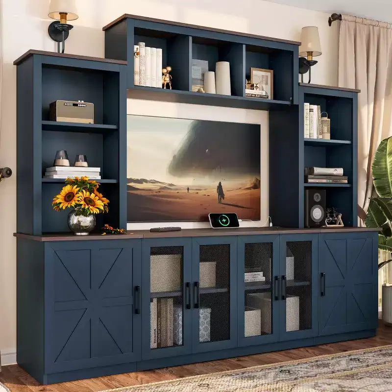 Moderner TV-Ständer für 55-Zoll-Fernseher mit Ladestation, Medienkonsole mit großen Aufbewahrungsschränken, Entertainment-Center für das Wohnzimmer-Panipeachy