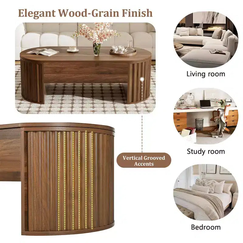 47.2 Couchtisch mit Hebeplatte und verstecktem Fach, oval, braun