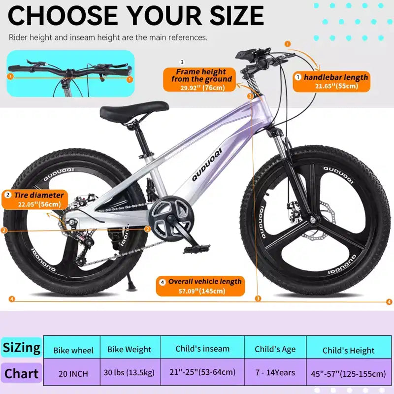 NAYSAYE 20 Zoll Kinder-Mountainbike mit 7-Gang-Antrieb und Magnesiumlegierungsrahmen für Jungen und Mädchen im Alter von 8-12 Jahren, 57.09*21.65*29.92