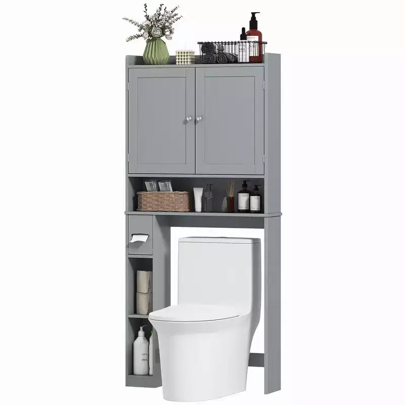 HOMCOM Überbau für die Toilette, moderner Badezimmer-Organizer mit 2 Türen, Toilettenpapierhalter, freistehendes Platzsparwunder