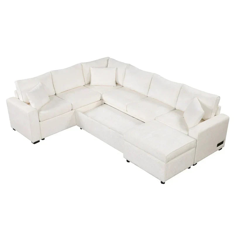 Chenille Ecksofa mit Ausziehfunktion, L-förmiges Schlafsofa mit Stauraum-Ottomane, 3 Kissen und Ladevorrichtungen