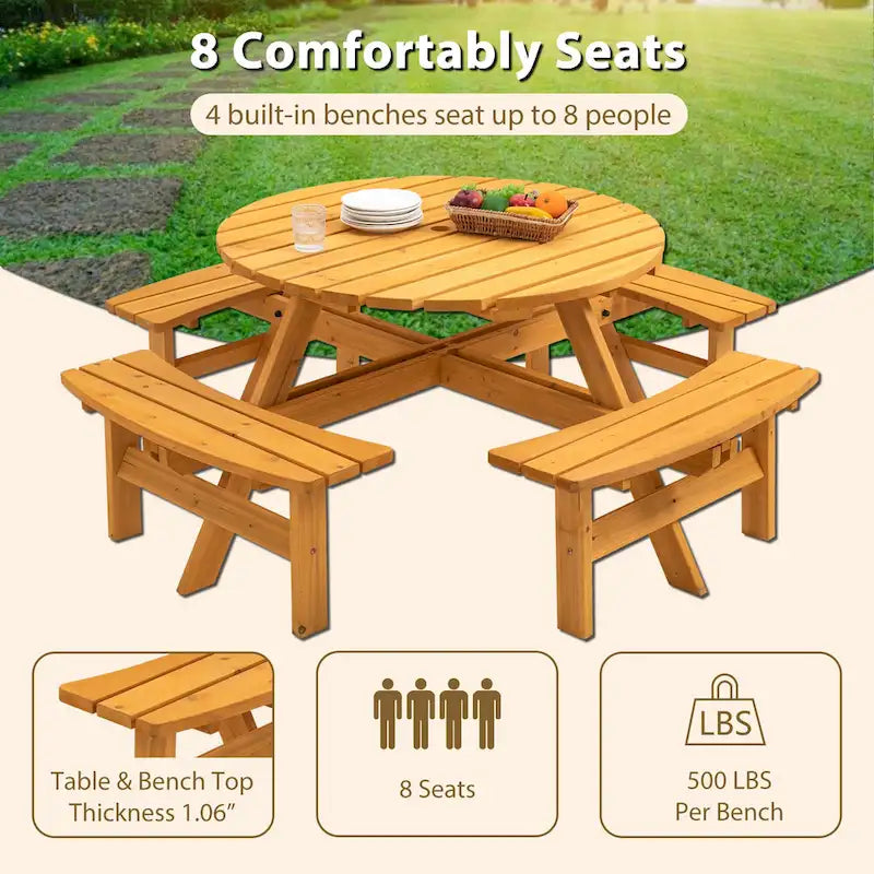 8-Personen Outdoor-Picknick-Esstisch-Garnitur aus Tannenholz, rund, mit 4 integrierten Bänken und Sonnenschirmloch