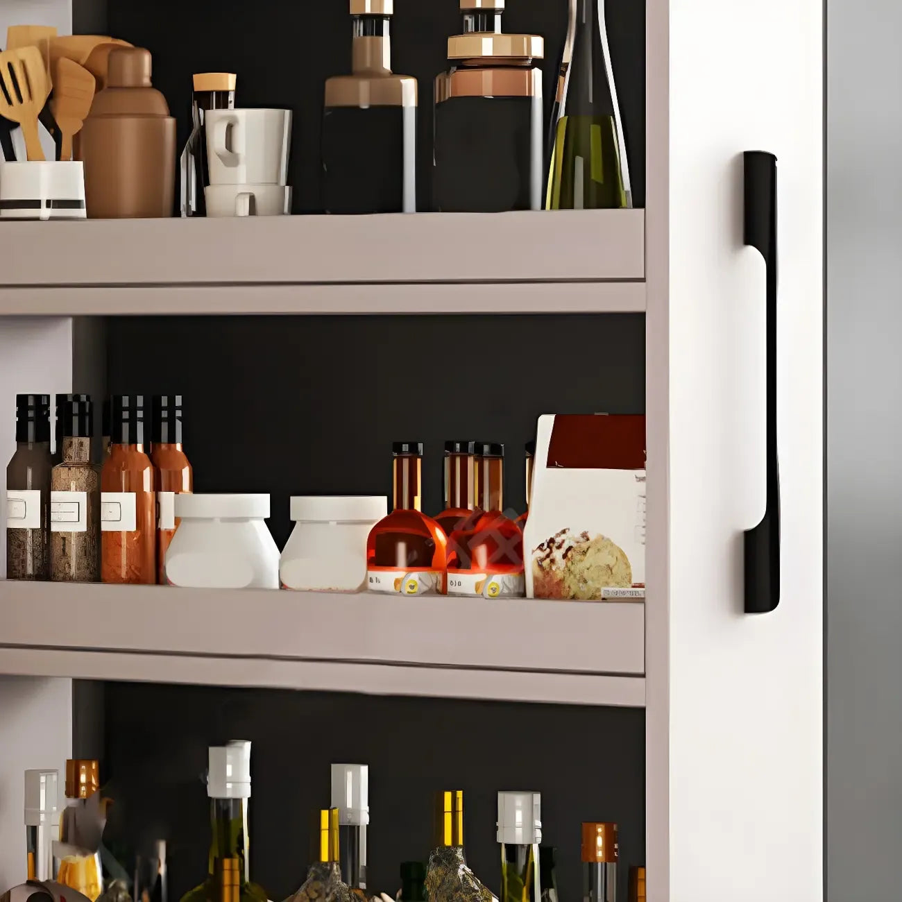 Modernes Holz-Buffet mit offenen Regalen und Rollen