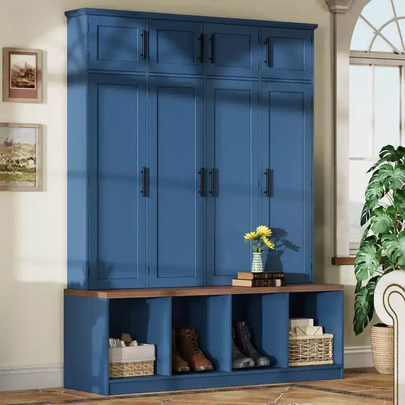 Der Misty Moon Farmhouse Blue Hall Tree mit 4 versteckten Aufhängehaken und vielseitiger Walnuss-Sitzbank mit 8 Türen