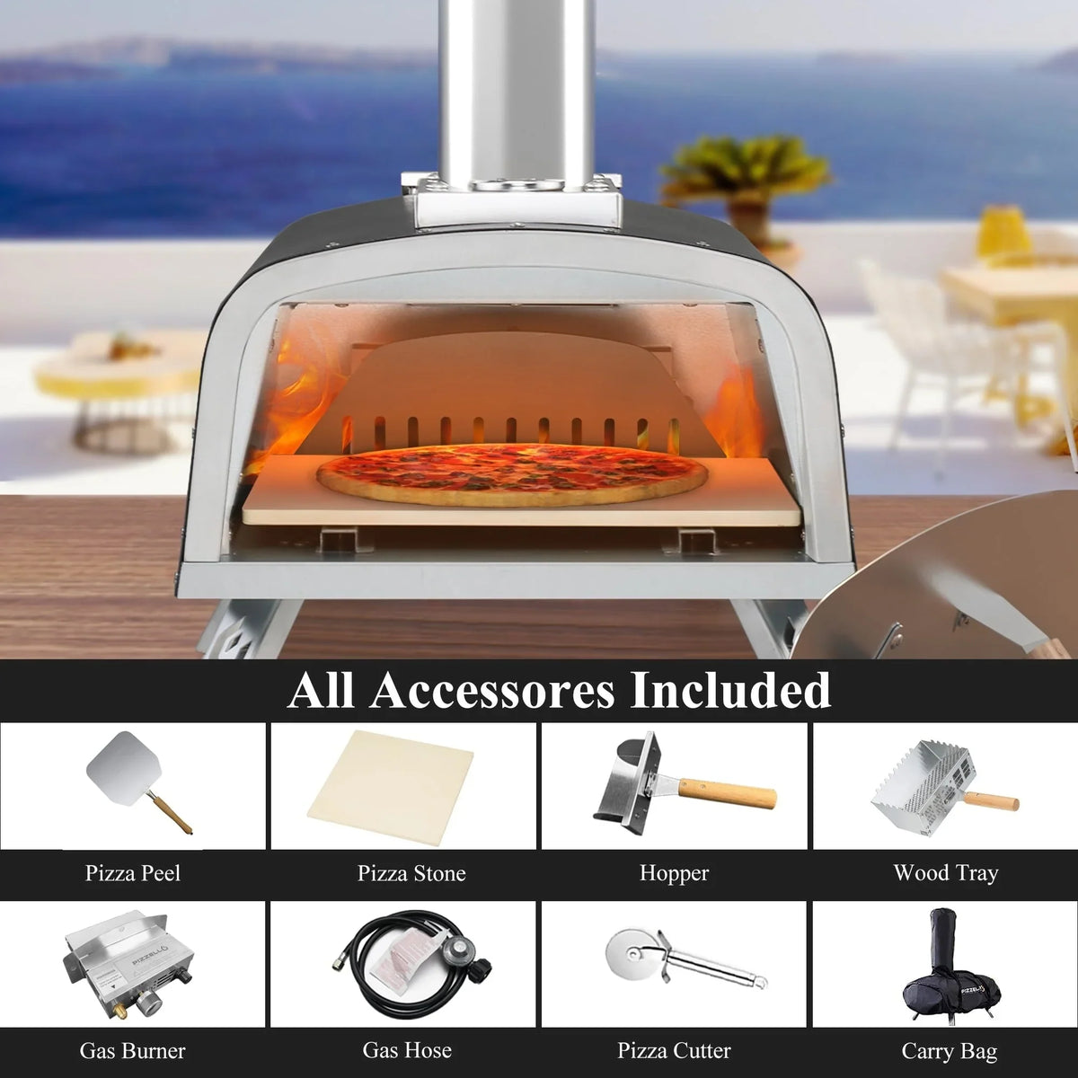 Multi-Brennstoff Outdoor Pizzaofen Steinbackofen mit Gasbrenner & Holzfach - 30 cm