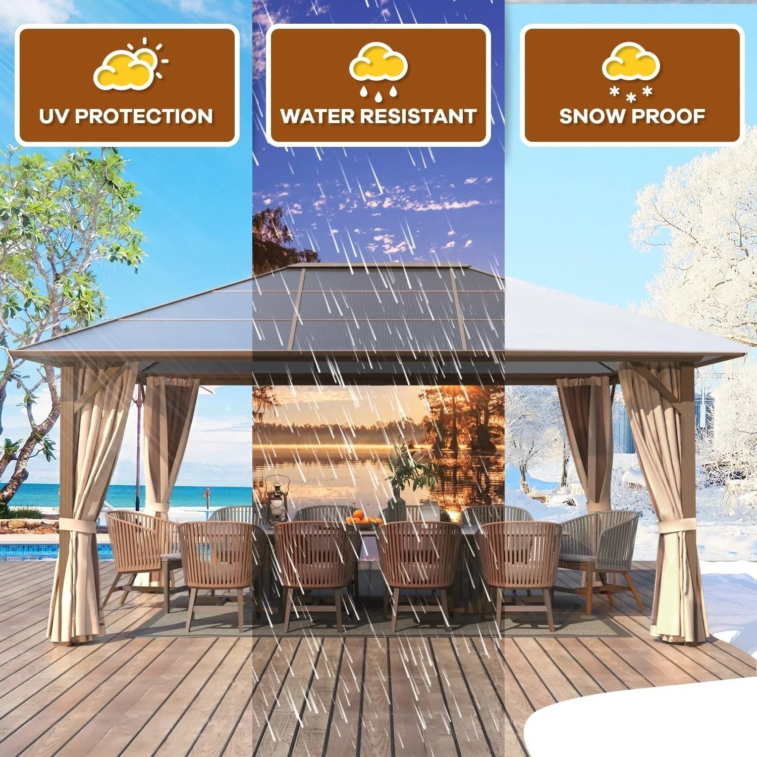 EROMMY Hardtop-Pavillon, Outdoor-Pergola mit Doppeldach & Netzen & Vorhängen, Hochleistungs-Canopy für Terrasse, Garten, Poolparty