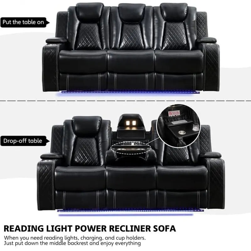 Elektrisches Relaxsofa mit kabellosem Ladegerät, Leselampe für das Wohnzimmer, Kunstleder-LED-Beleuchtung, AC/USB-Anschluss, Getränkehalter, Schwarz