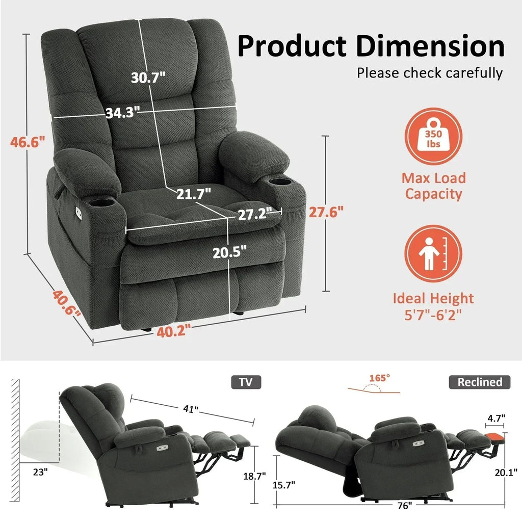 MCombo Großer, breiter Power-Lift-Liegesessel mit zwei Motoren, Massage und dualer Heizung für große und korpulente Senioren, Stoff R7635